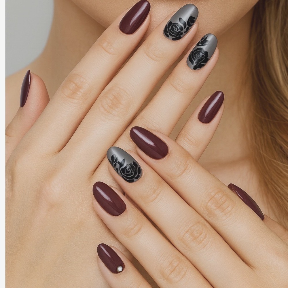 impress M Length Press On Manicure 30 Nails Rose Floral Deep Plum 97-20